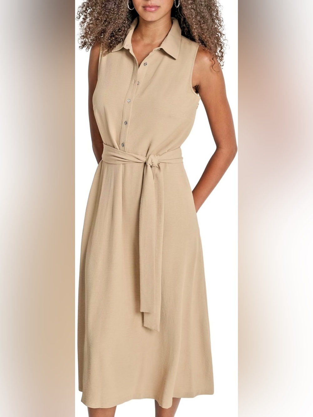 DKNY Sleeveless Collar Midi Dress in Sand Beige with Tie Waist